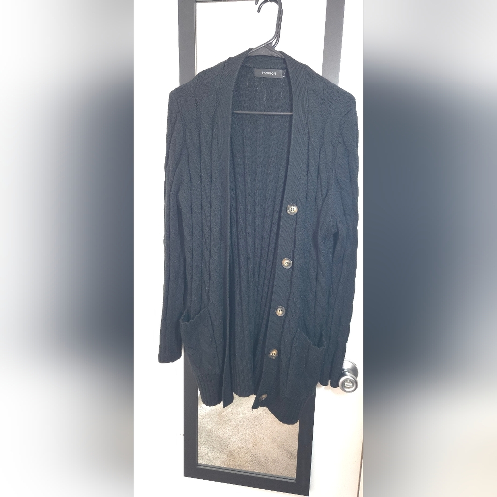 Cable-Knit Button Cardigan Sweater - Black